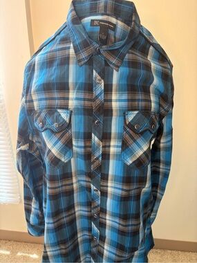 INC International Concepts Blue and Black Plaid Button-Down Shirt L